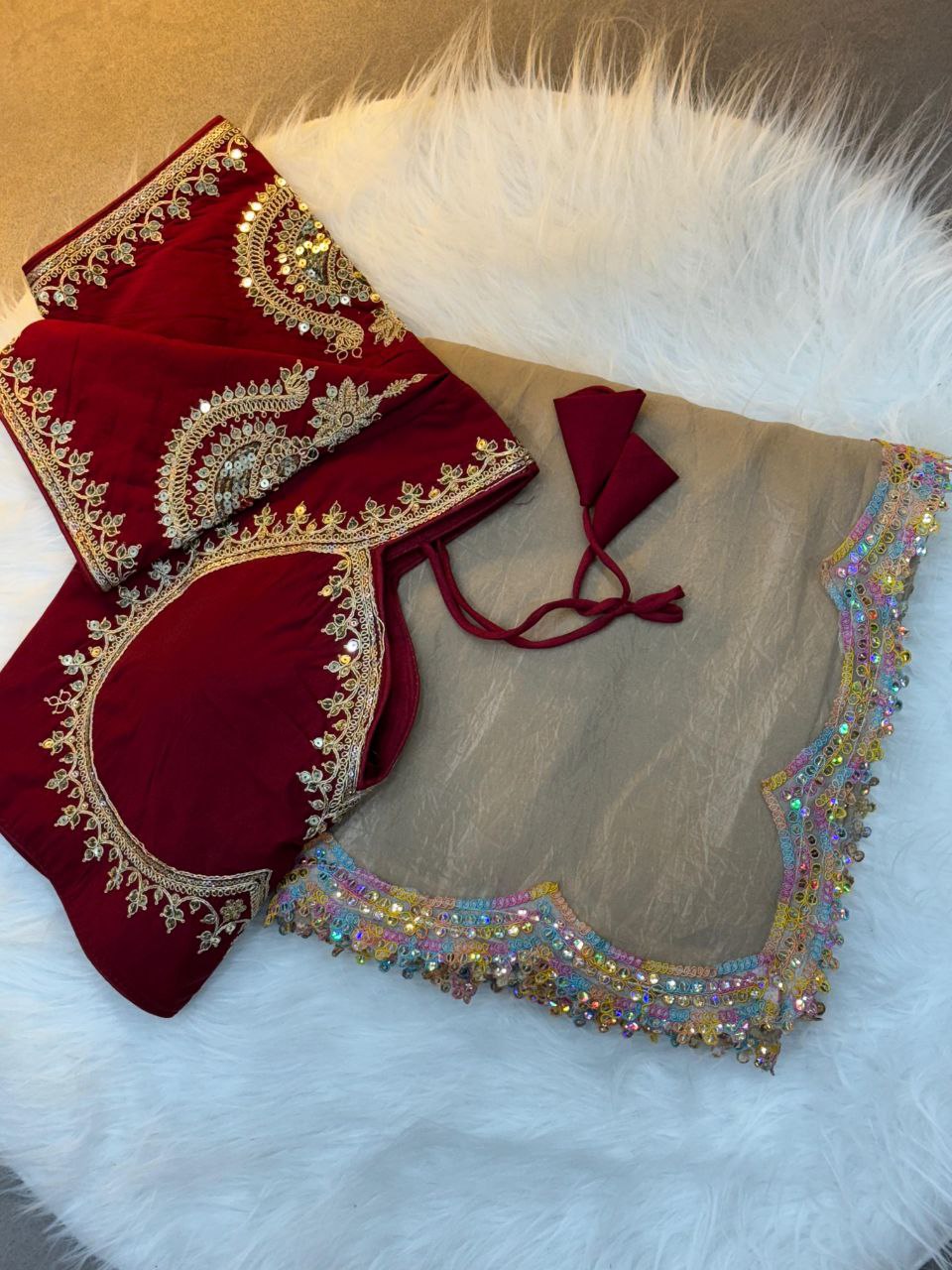 Beige Designer Gold Crush Saree