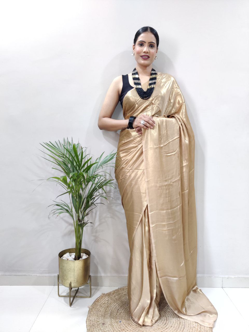 Beige Golden Ready to Wear Shimmer Silk Saree