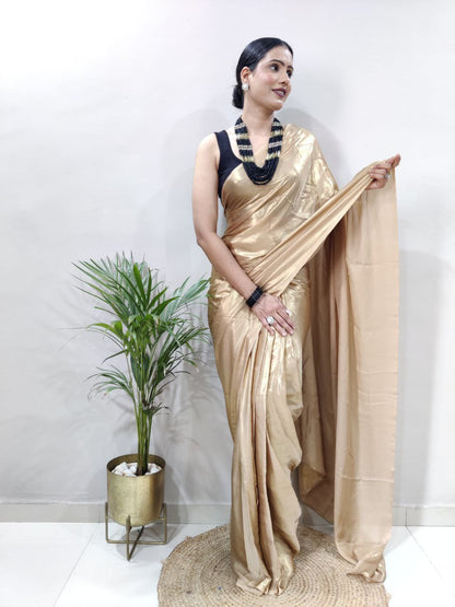 Beige Golden Ready to Wear Shimmer Silk Saree