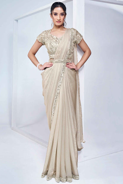 Beige Stylish Ready Made Satin Silk Saree With Belt | Original Saree