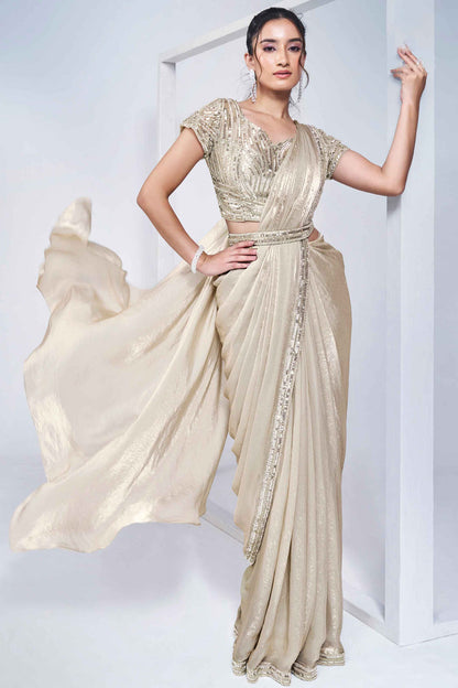 Beige Stylish Ready Made Satin Silk Saree With Belt | Original Saree