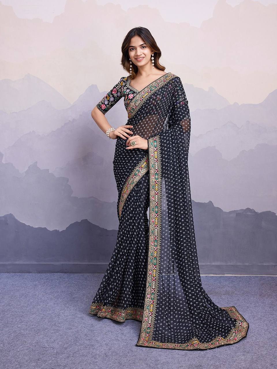 Black Bandhej Printed Georgette Saree