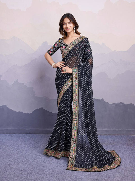 Black Bandhej Printed Georgette Saree