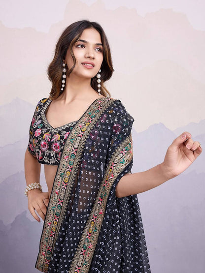 Black Bandhej Printed Georgette Saree