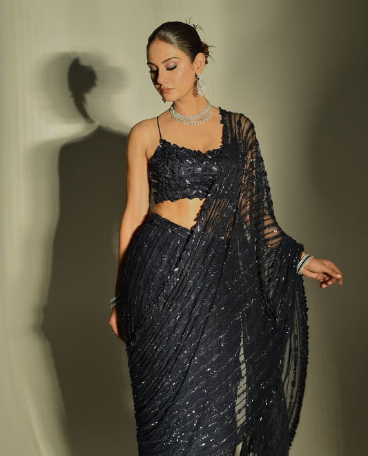 Black Bollywood Party Wear Mono Net Saree | Replica Design