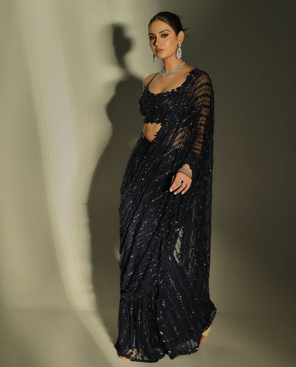 Black Bollywood Party Wear Mono Net Saree | Replica Design