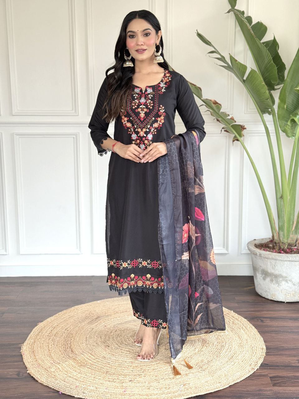 Black Chanderi Silk Kurta Set With Dupatta