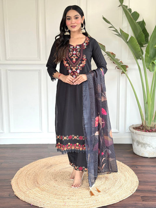 Black Chanderi Silk Kurta Set With Dupatta