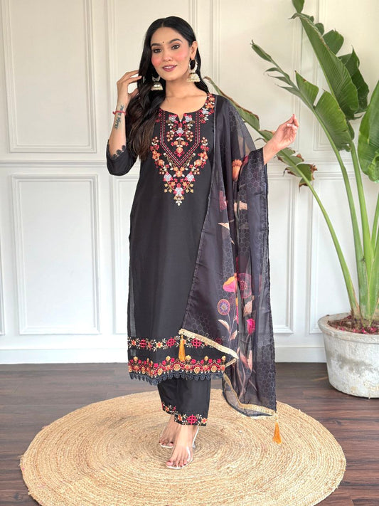 Black Chanderi Silk Kurta Set With Dupatta