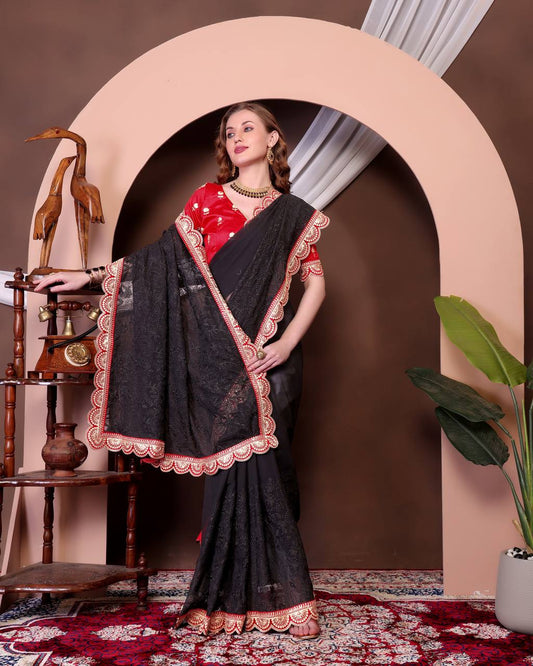 Black Chikankari Work Georgette Saree