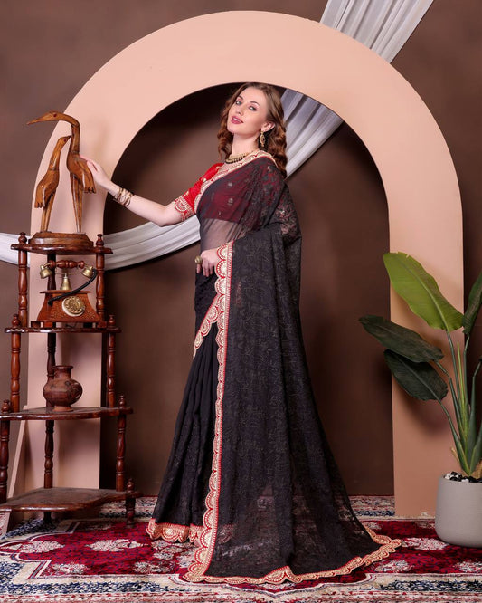 Black Chikankari Work Georgette Saree
