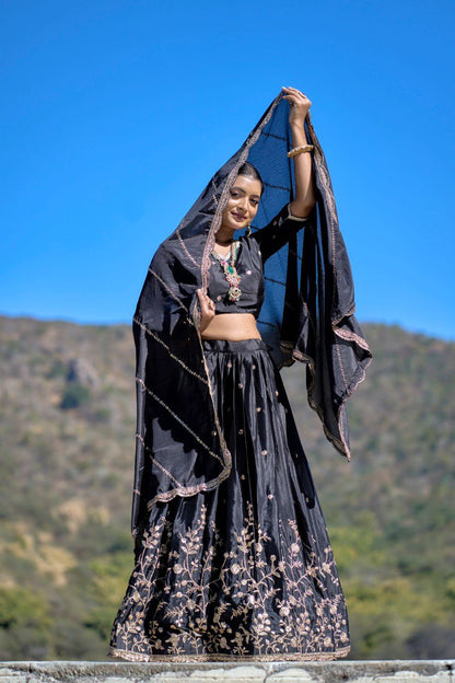 Black Chinon Lehenga Choli For Wedding