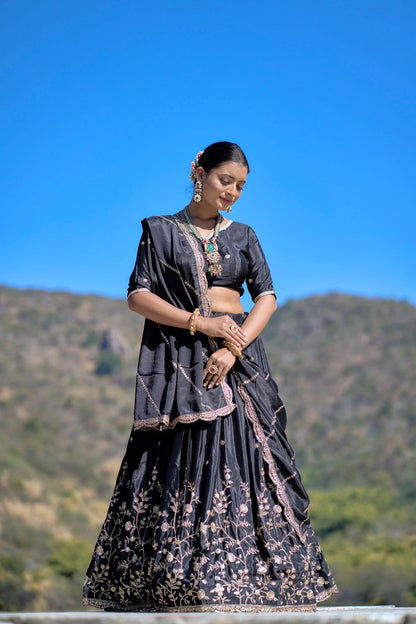 Black Chinon Lehenga Choli For Wedding