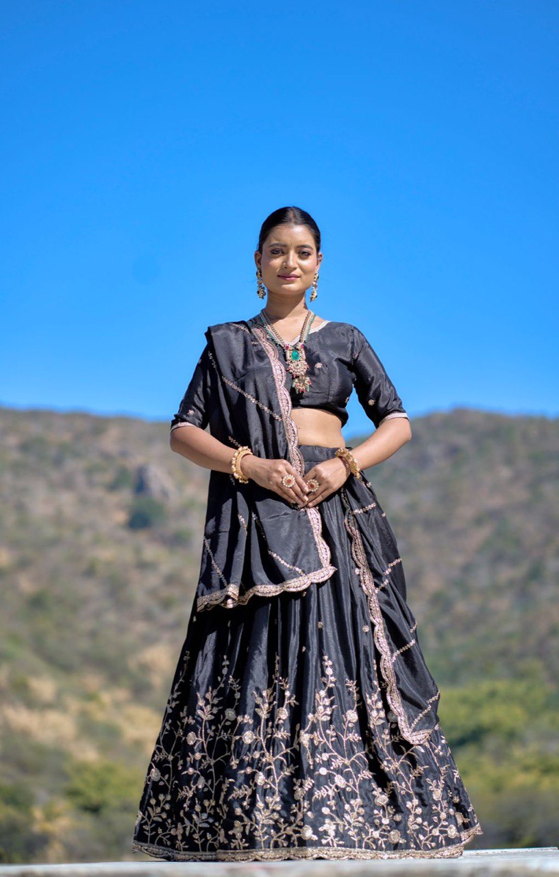 Black Chinon Lehenga Choli For Wedding