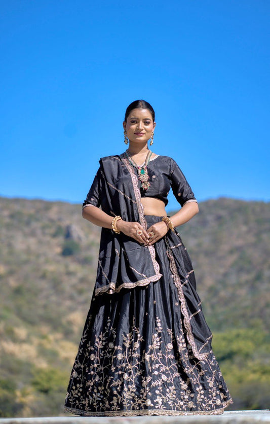 Black Chinon Lehenga Choli For Wedding