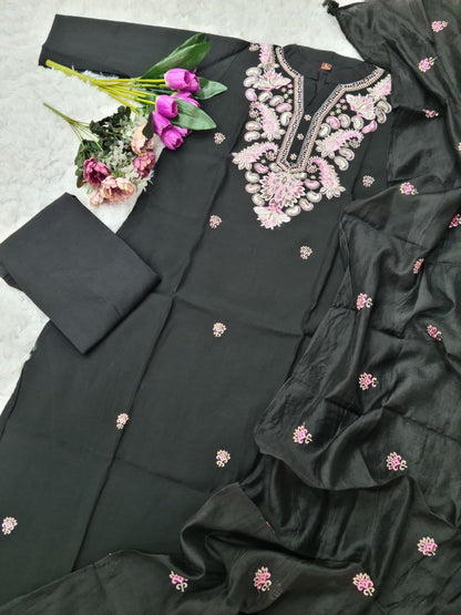 Black Designer Chanderi Kurta Set With Dupatta