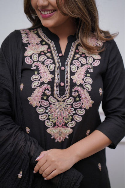 Black Designer Chanderi Kurta Set With Dupatta