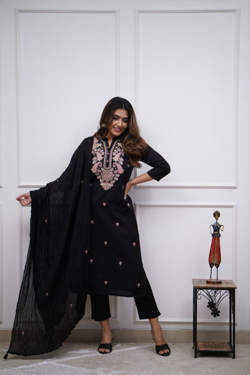 Black Designer Chanderi Kurta Set With Dupatta