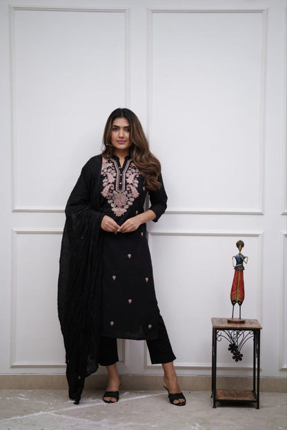 Black Designer Chanderi Kurta Set With Dupatta