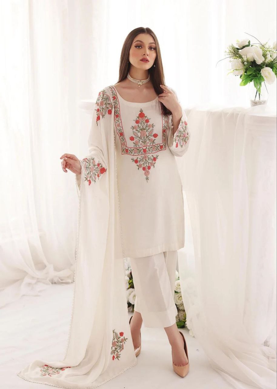 White Designer Georgette Kurta Pant With Dupatta