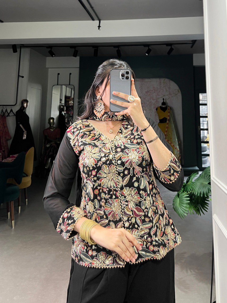 Black Designer Kurta Set With Palazzo And Choker Dupatta