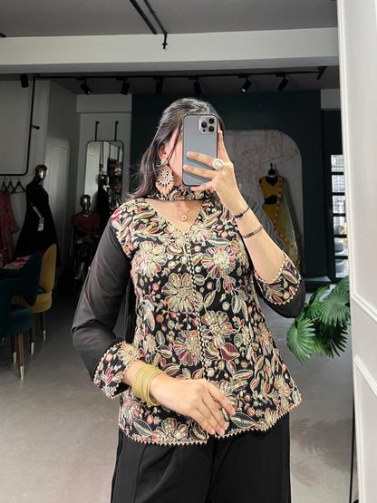 Black Designer Kurta Set With Palazzo And Choker Dupatta