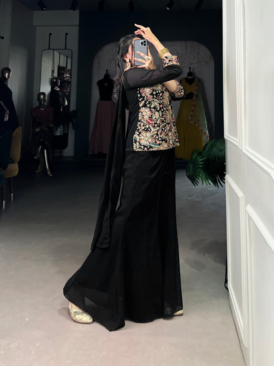 Black Designer Kurta Set With Palazzo And Choker Dupatta