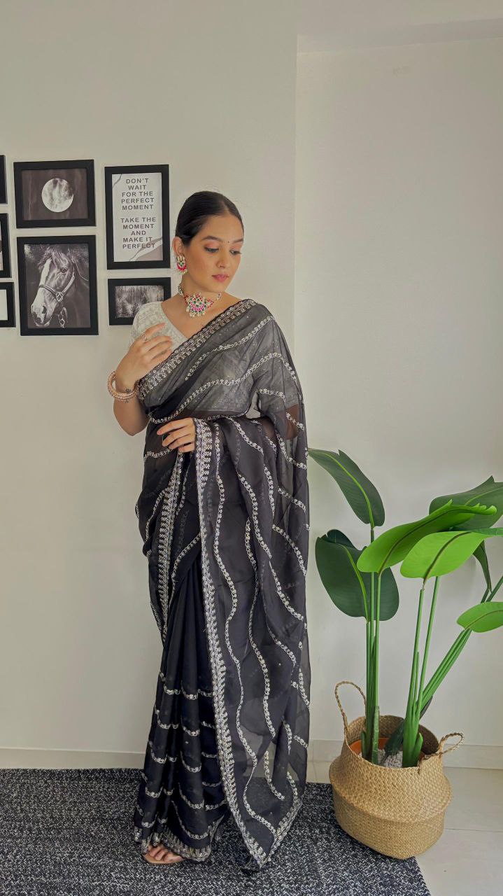 Black Designer Organza Tabby Silk Saree