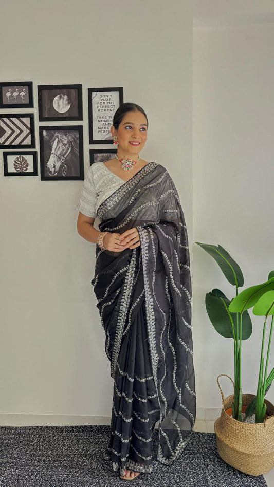 Black Designer Organza Tabby Silk Saree