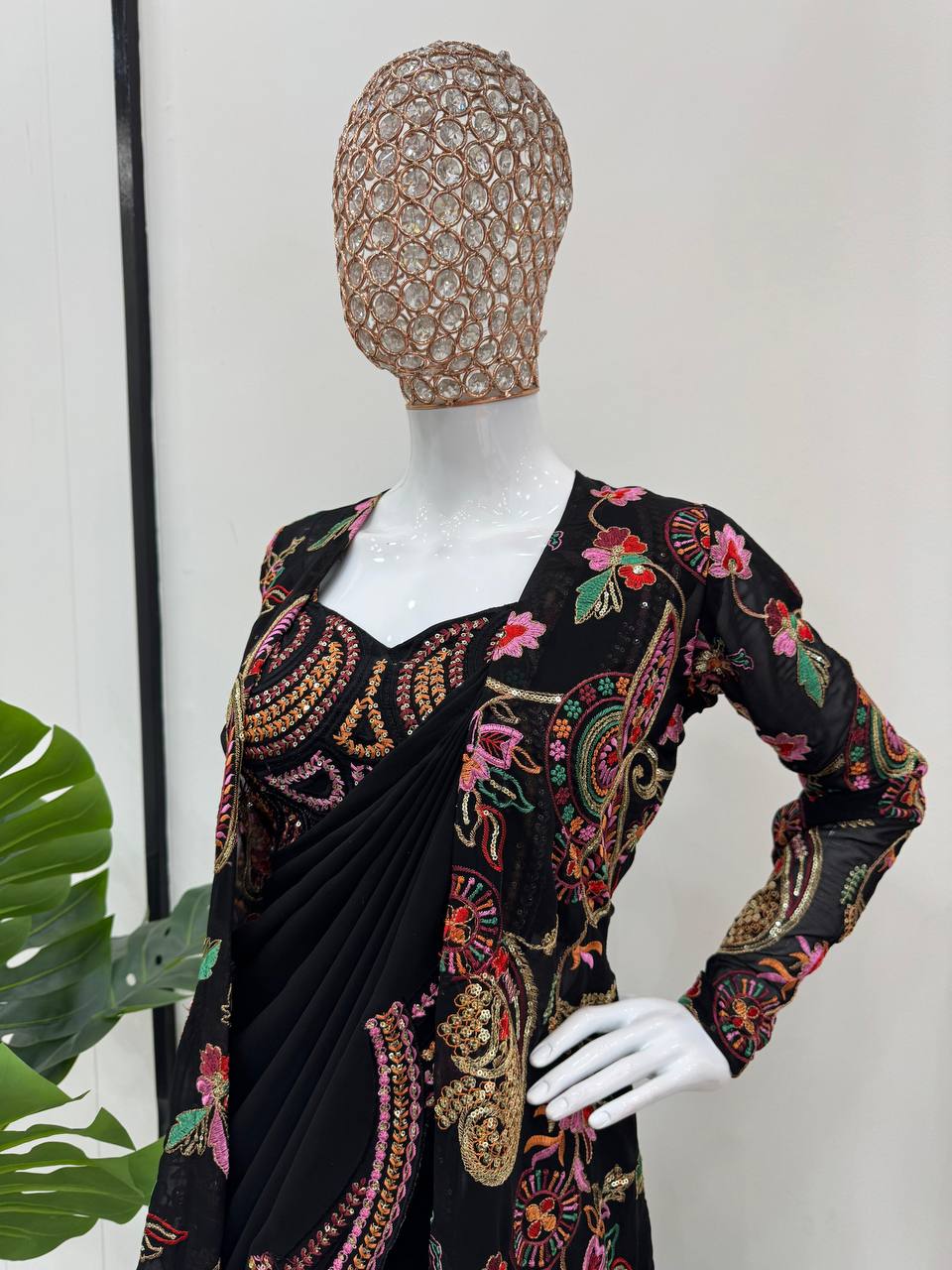 Black Designer Party Wear Georgette Saree With Shrug