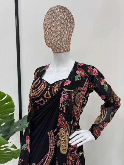 Black Designer Party Wear Georgette Saree With Shrug