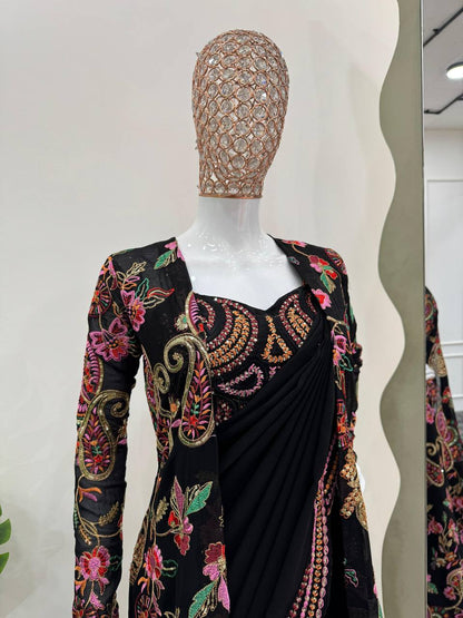 Black Designer Party Wear Georgette Saree With Shrug