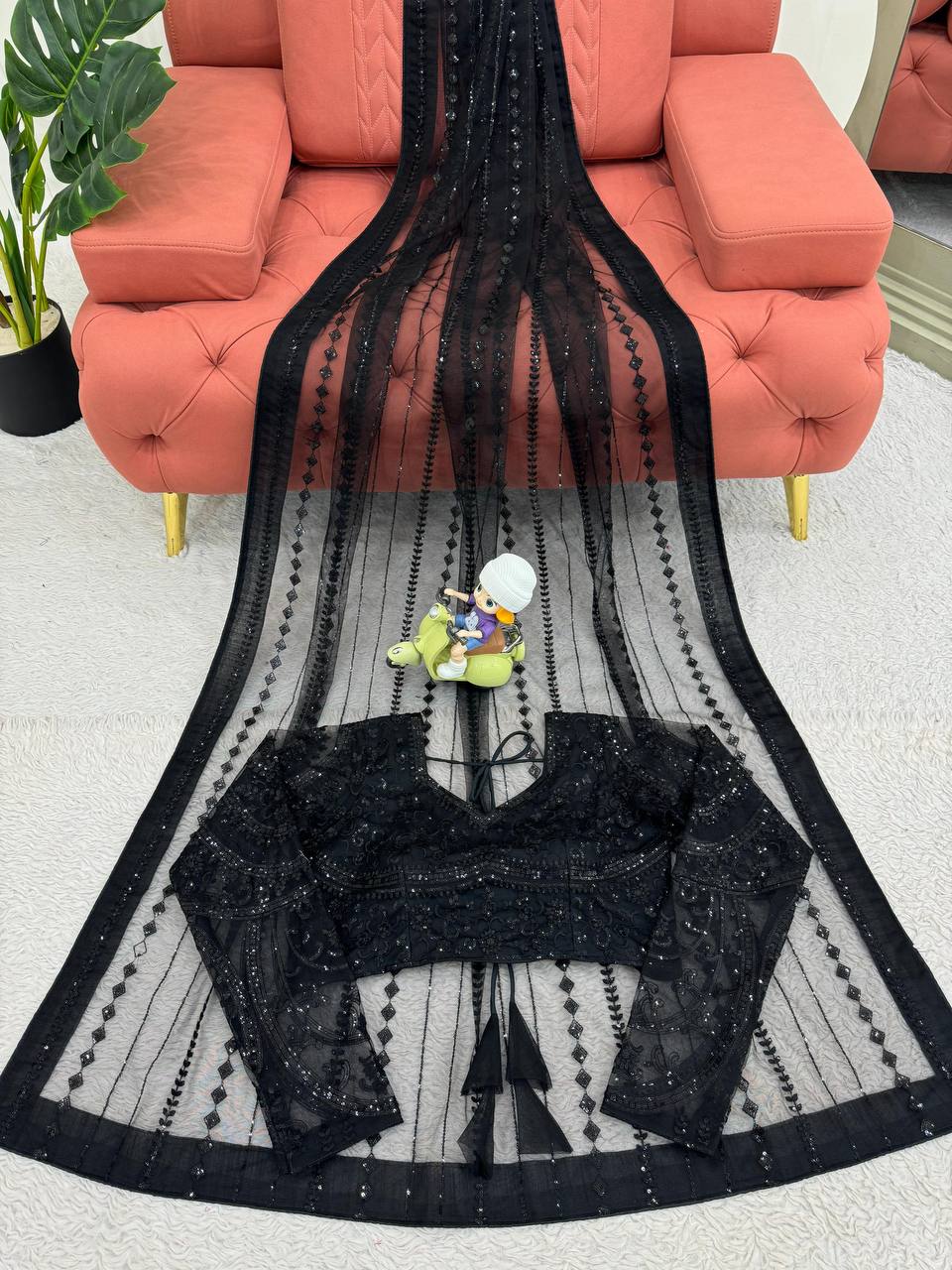 Black Designer Party Wear Net Saree