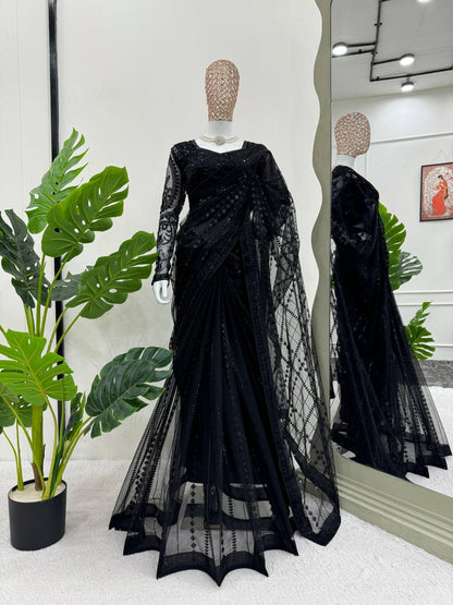 Black Designer Party Wear Net Saree