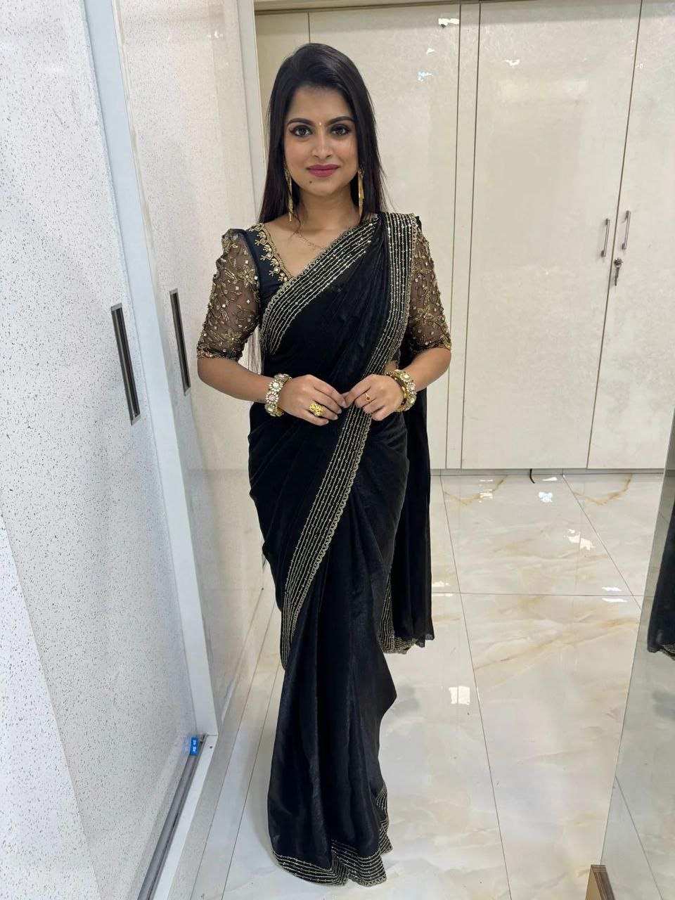 Black Designer Party Wear Space Silk Saree