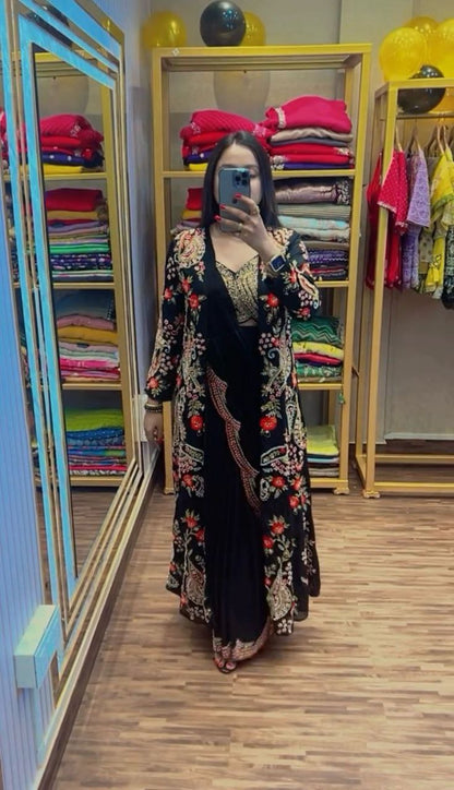 Black Designer Ready To Wear Chinon Silk Saree