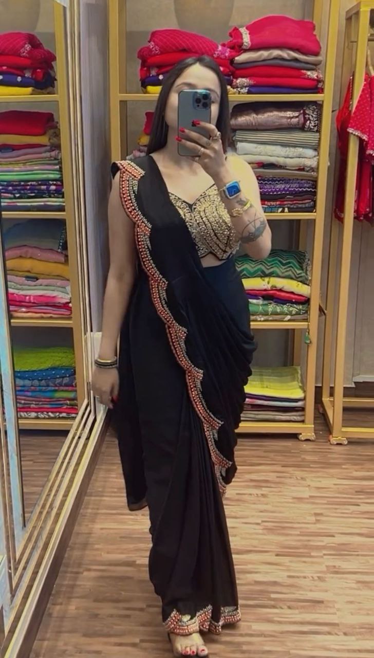 Black Designer Ready To Wear Chinon Silk Saree