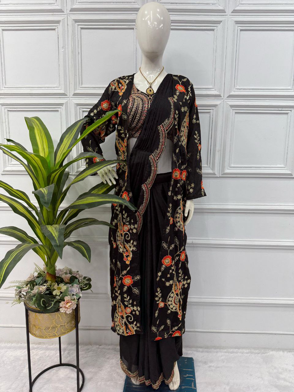 Black Designer Ready To Wear Chinon Silk Saree