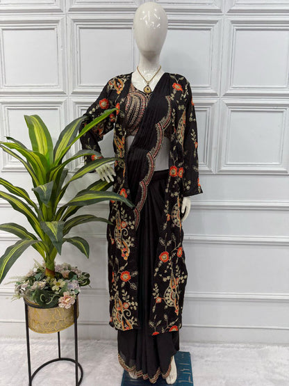 Black Designer Ready To Wear Chinon Silk Saree