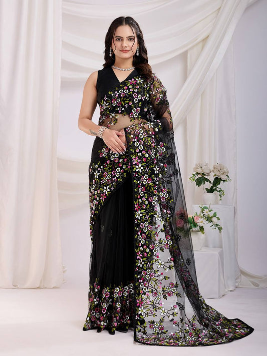 Black Designer Soft Net Saree