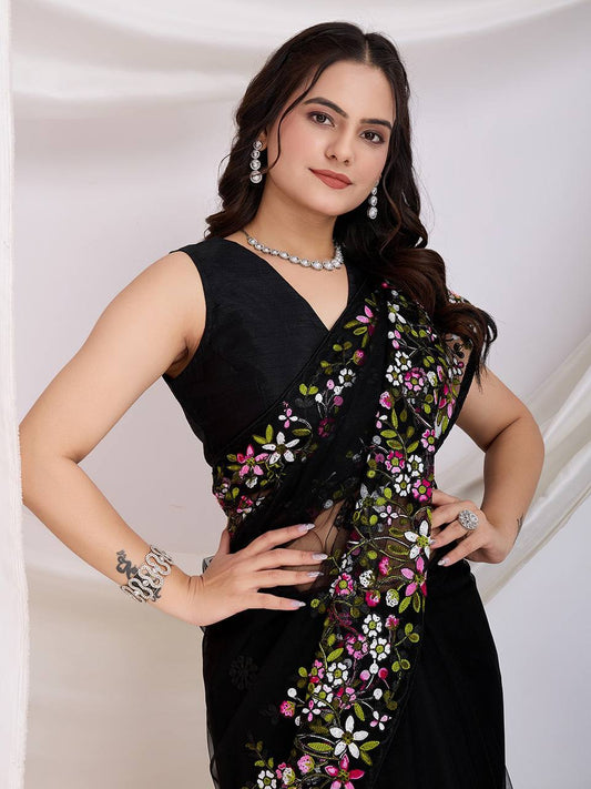 Black Designer Soft Net Saree