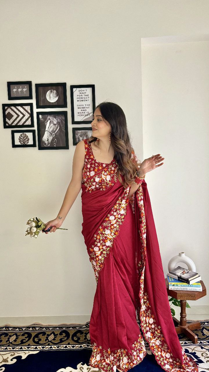 Maroon Designer Vichitra Silk Saree