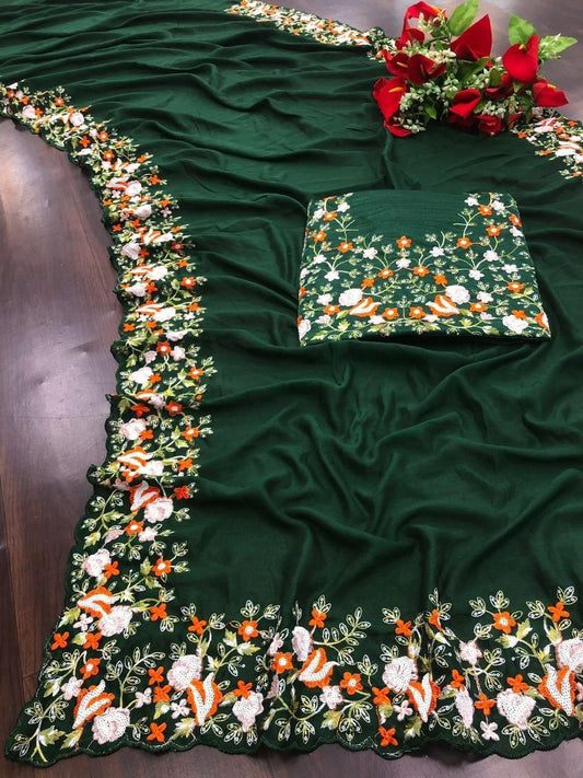 Green Designer Vichitra Silk Saree