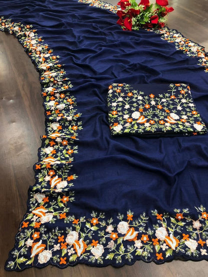 Blue Designer Vichitra Silk Saree