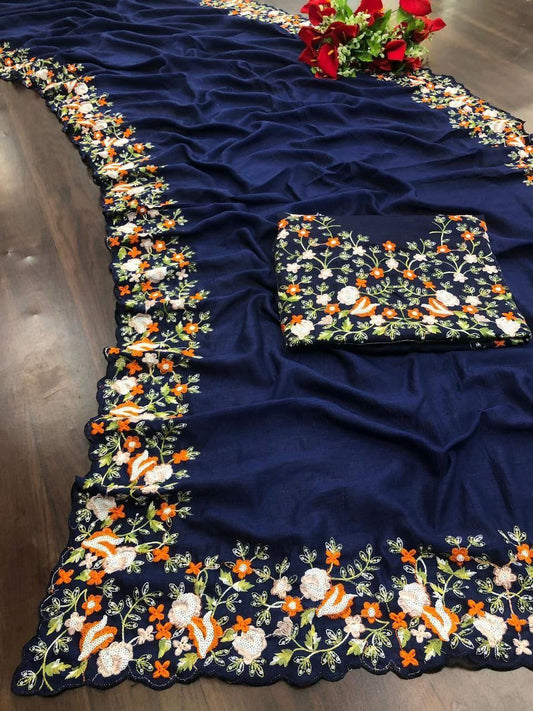 Blue Designer Vichitra Silk Saree