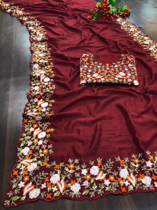 Maroon Designer Vichitra Silk Saree