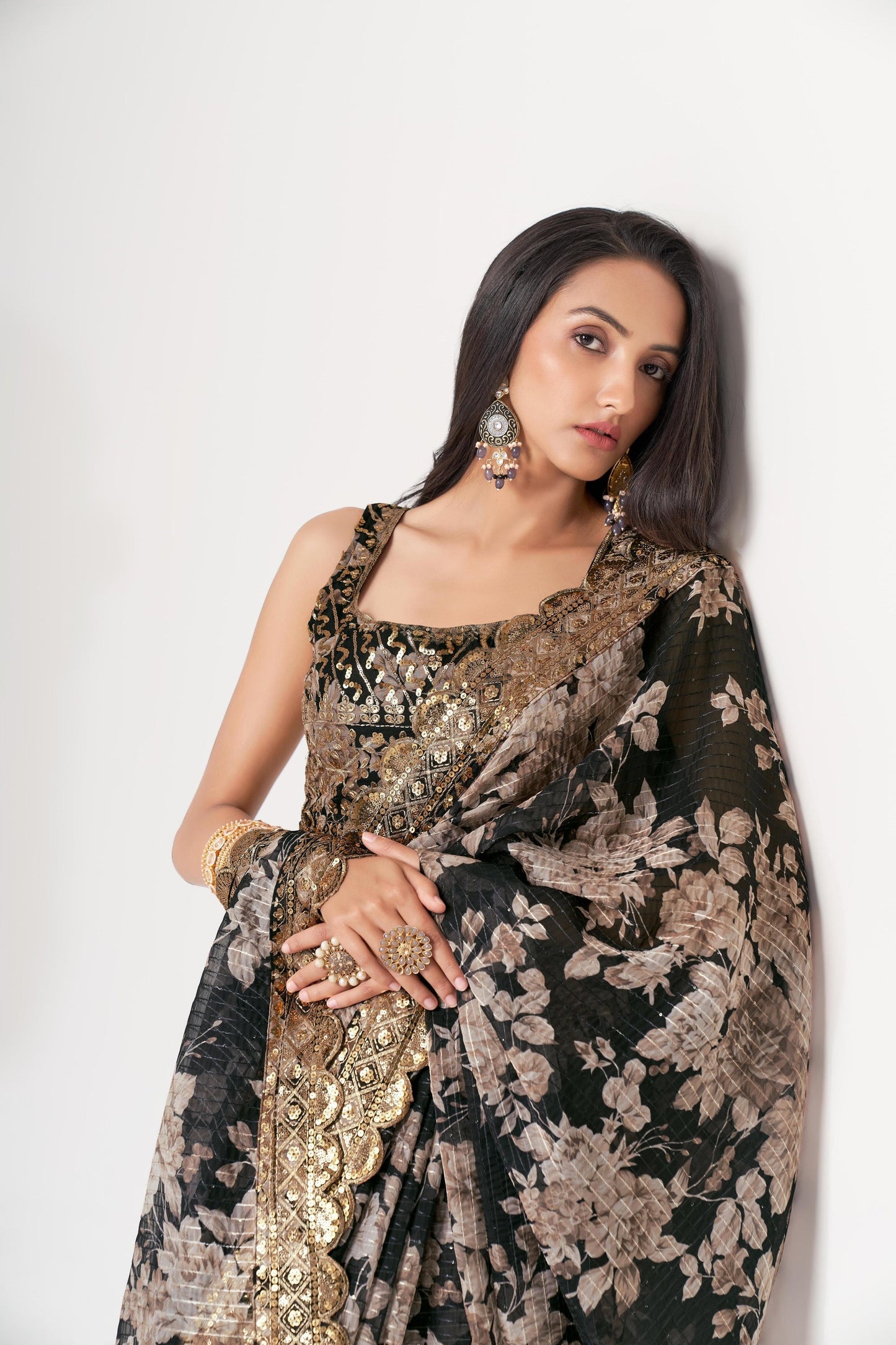 Black Floral Printed Organza Saree With Blouse | 100% Original Saree