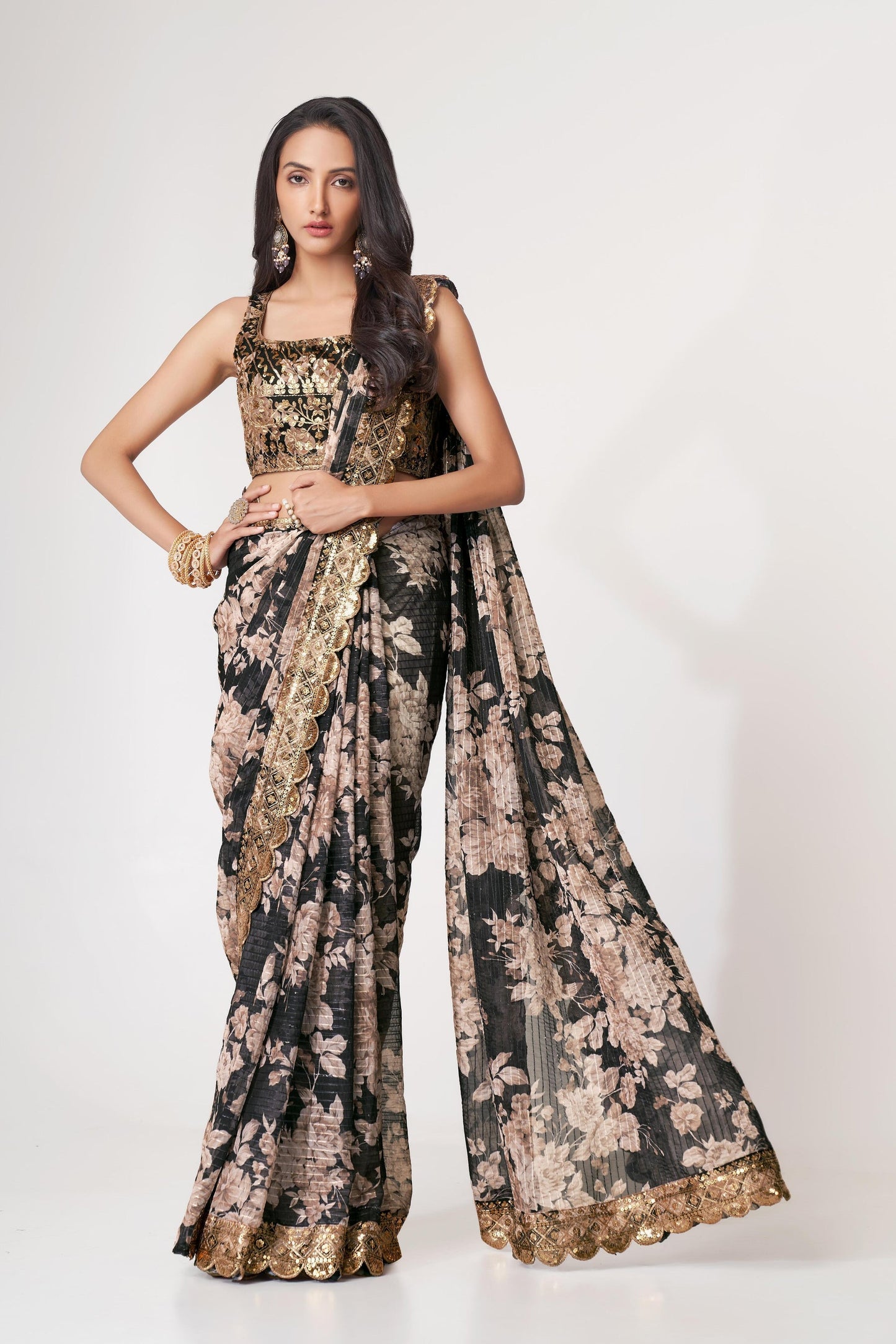 Black Floral Printed Organza Saree With Blouse | 100% Original Saree