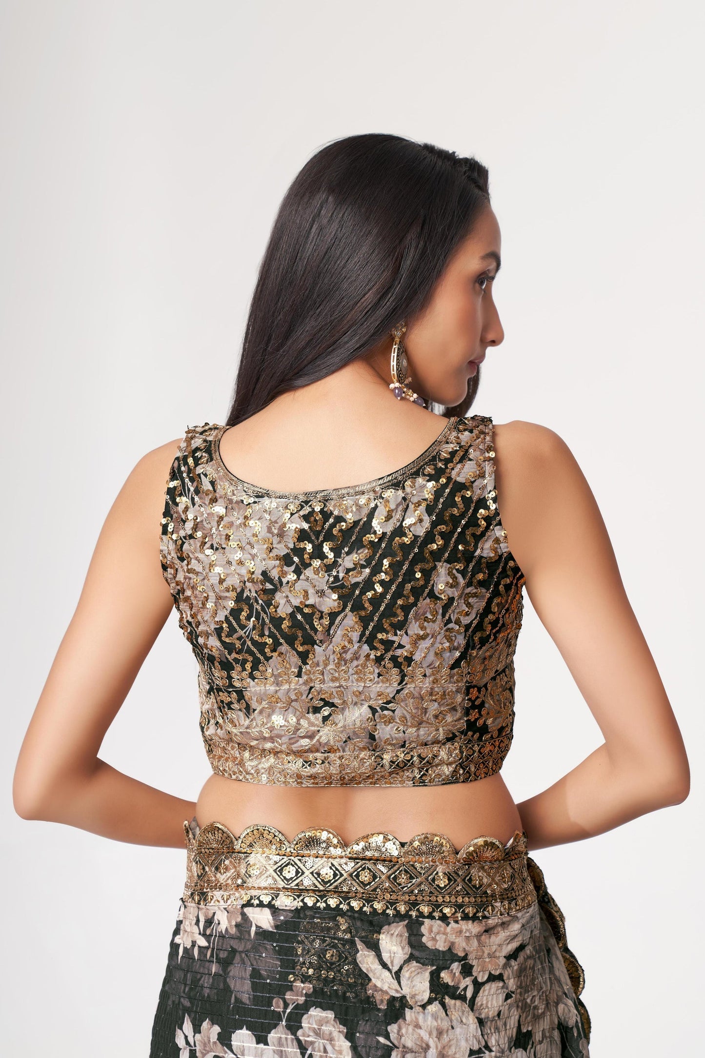 Black Floral Printed Organza Saree With Blouse | 100% Original Saree