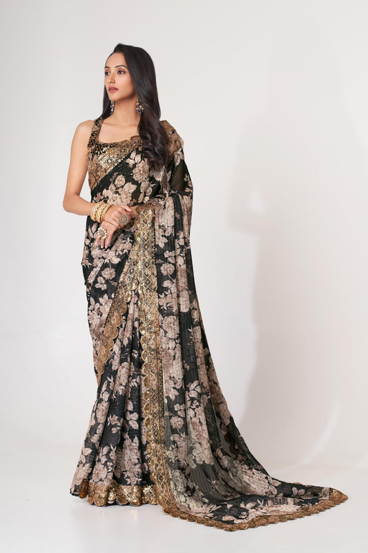 Black Floral Printed Organza Saree With Blouse | 100% Original Saree
